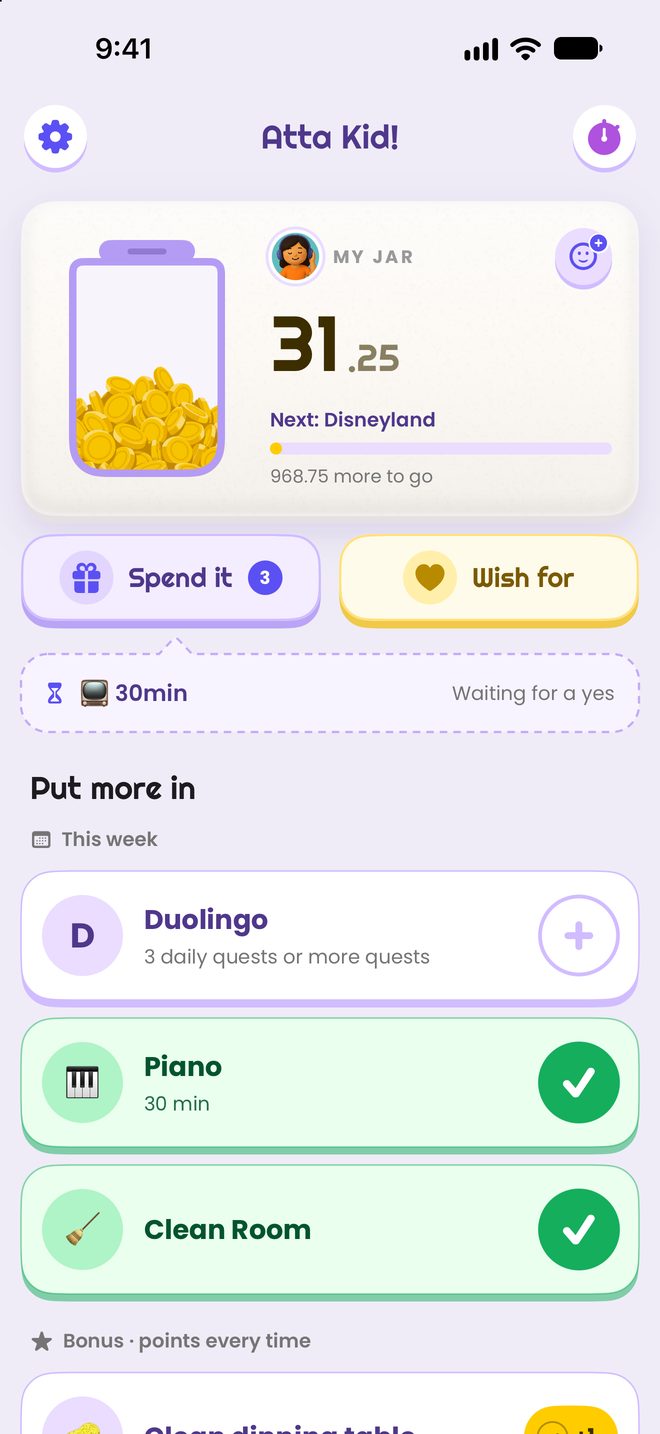 The kid’s screen: a jar of points and what is left to do this week.