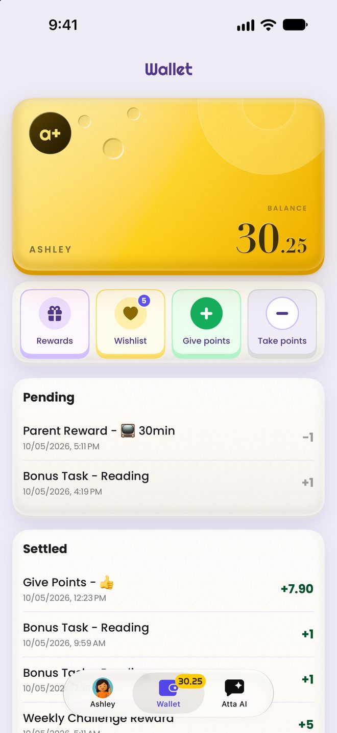 The wallet: a balance, rewards, a wishlist and every point in and out.
